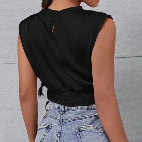 Shein - Mock Neck Satin Crop Top - Picture 3 of 3